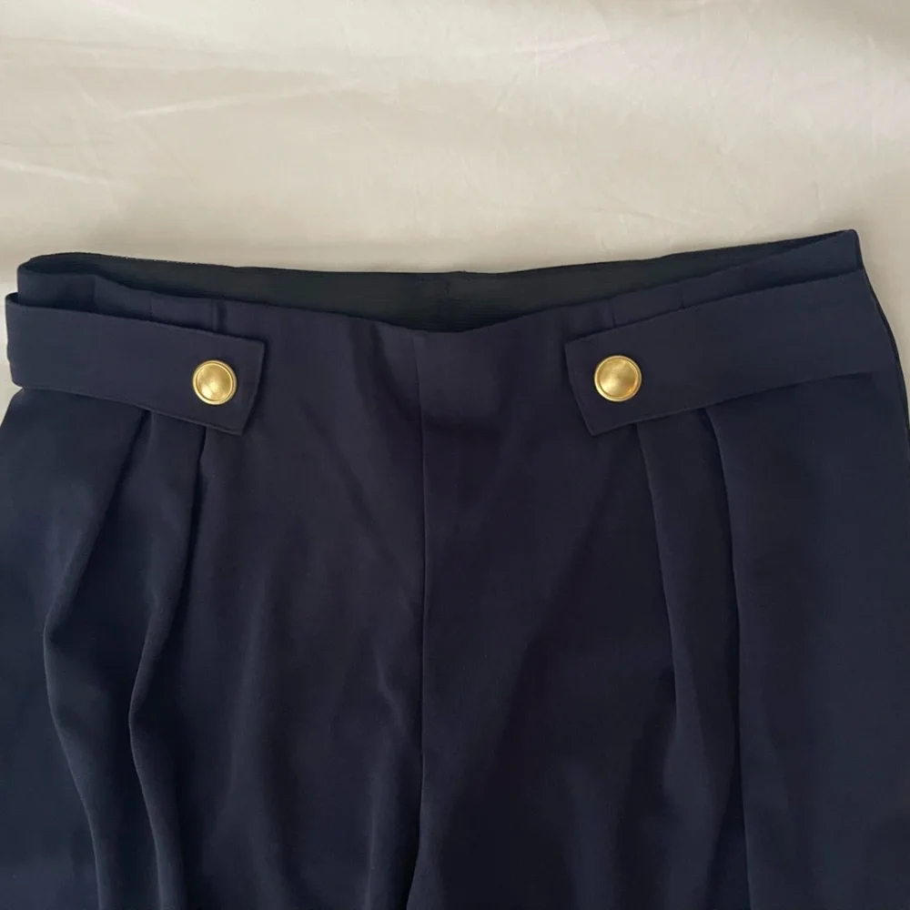 H&M Navy Wide-Leg High-Waist Trousers with Gold Buttons size medium - Picture 2 of 7